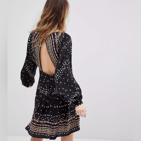 Free People S Black Multi Color Polka Dot Bishop Sleeve Open Back Mini Dress - Picture 2 of 10